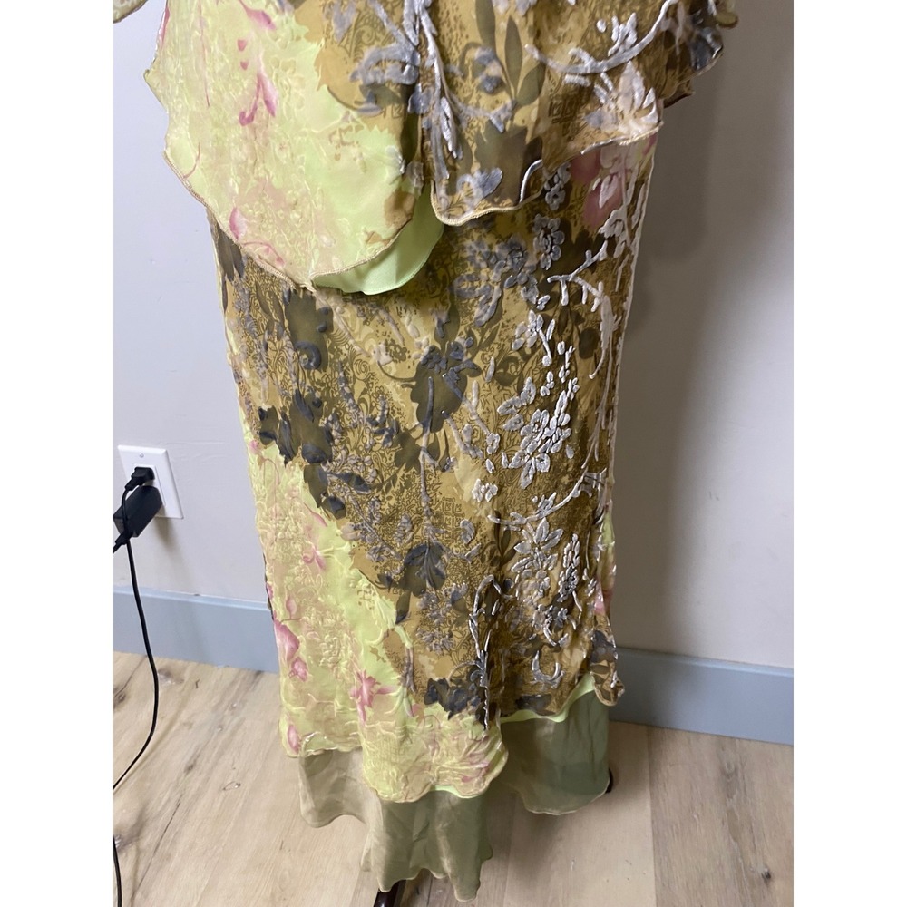 Vintage 90s Silk Burnout Velvet Floral Maxi Dress Chartreuse Green Pink 2-Piece - Picture 7 of 8